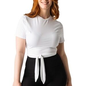 LES LUNES "The Lou" White Bamboo Stretch Tie Front Wrap Crop Top T Shirt Size M